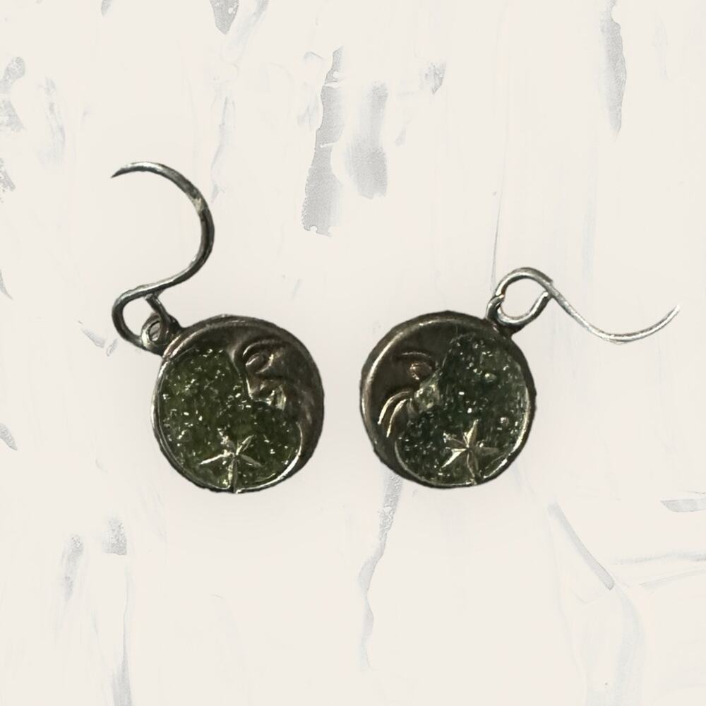 Silver Toned Green Half Face Starfish Wire Hook Earrings